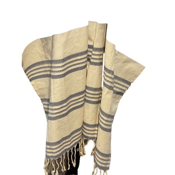 Tribe Alive Poncho Blue Ivory Stripe Shawl poncho‎ kaftan OS Aztec Boho Career - Picture 2 of 6